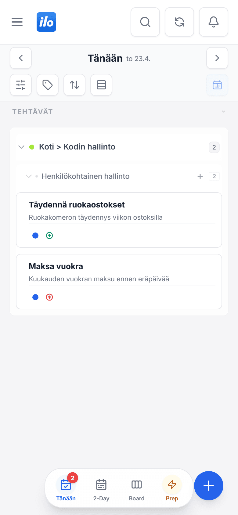 ilo mobile Today screen