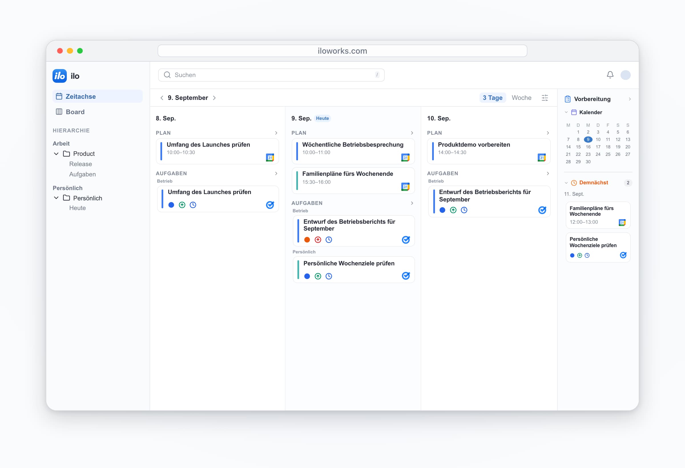 ilo desktop: work and personal accounts together — Wöchentliche Betriebsbesprechung, Familienpläne fürs Wochenende, Entwurf des Betriebsberichts für September, Persönliche Wochenziele prüfen.