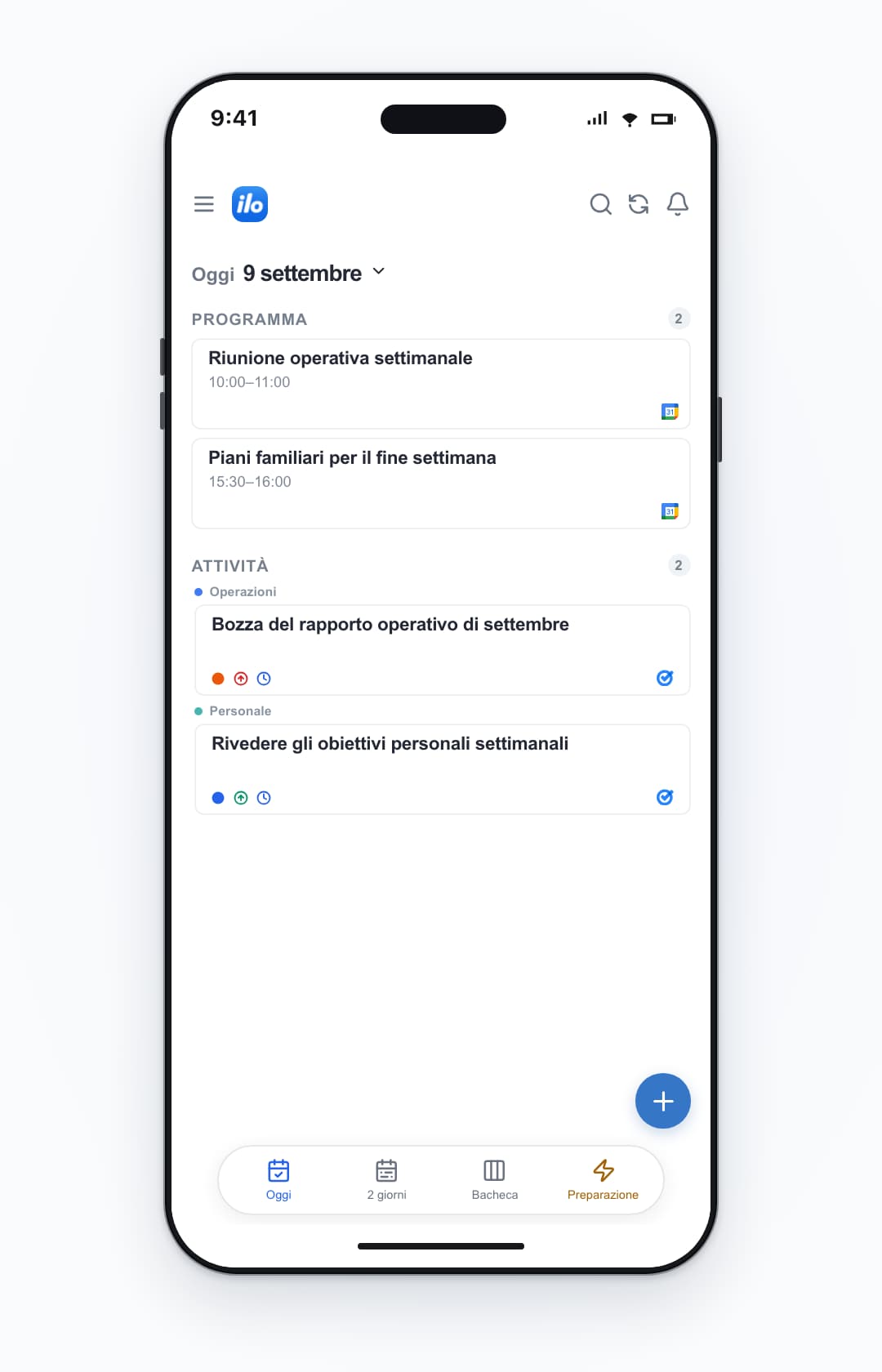 ilo mobile: work and personal accounts together — Riunione operativa settimanale, Piani familiari per il fine settimana, Bozza del rapporto operativo di settembre, Rivedere gli obiettivi personali settimanali.
