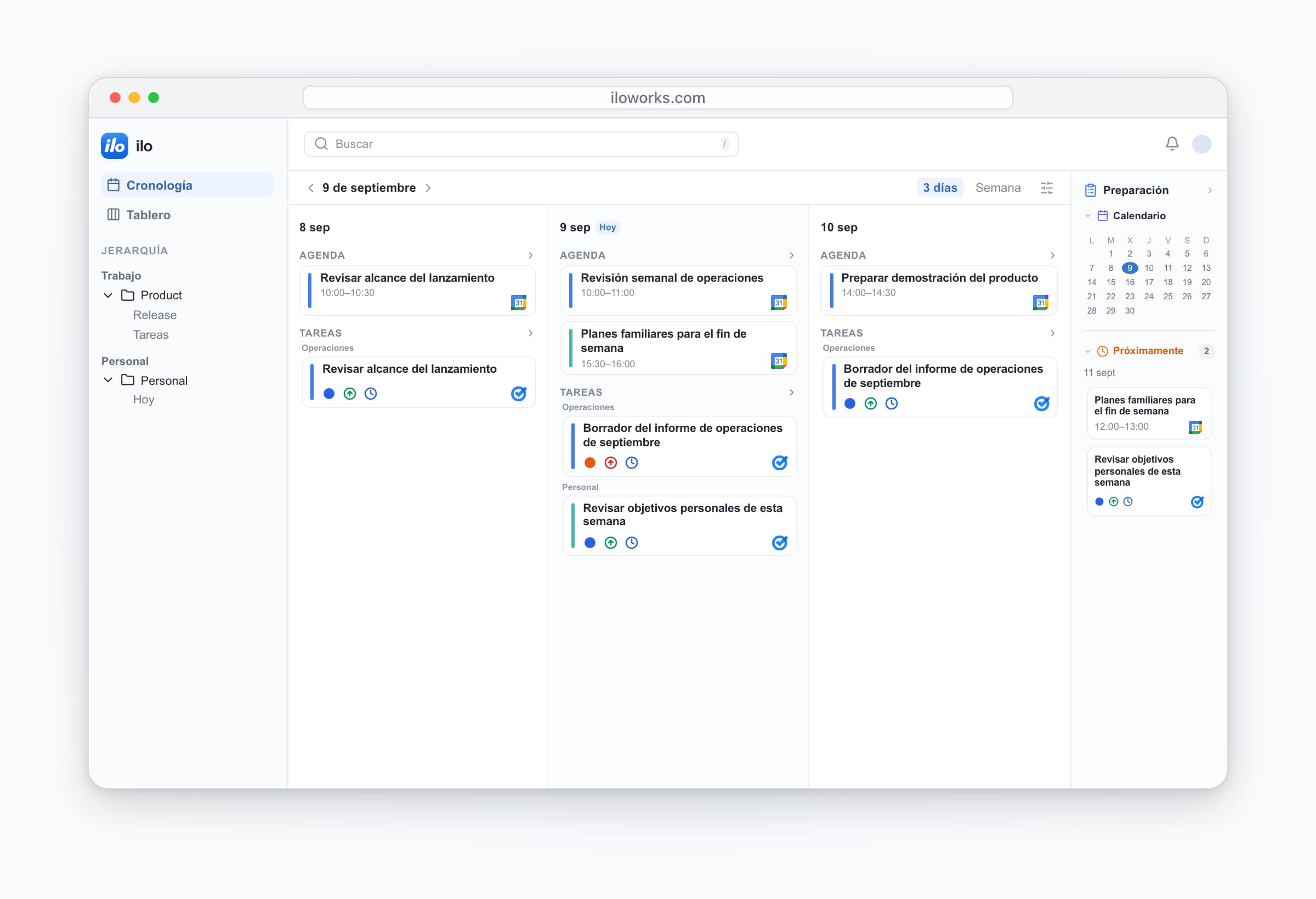 ilo desktop: work and personal accounts together — Revisión semanal de operaciones, Planes familiares para el fin de semana, Borrador del informe de operaciones de septiembre, Revisar objetivos personales de esta semana.