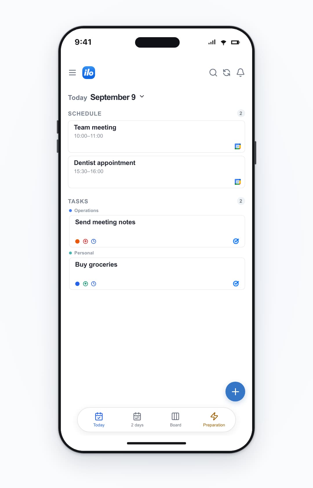 ilo mobile: work and personal accounts together — Team meeting, Dentist appointment, Send meeting notes, Buy groceries.