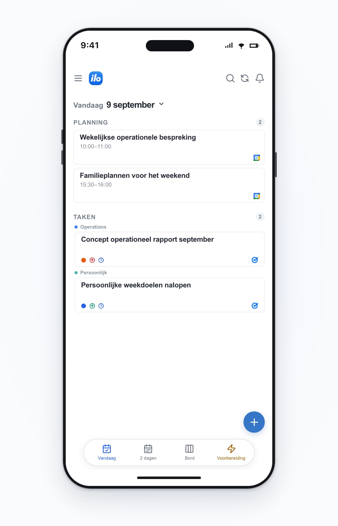 ilo mobile: work and personal accounts together — Wekelijkse operationele bespreking, Familieplannen voor het weekend, Concept operationeel rapport september, Persoonlijke weekdoelen nalopen.
